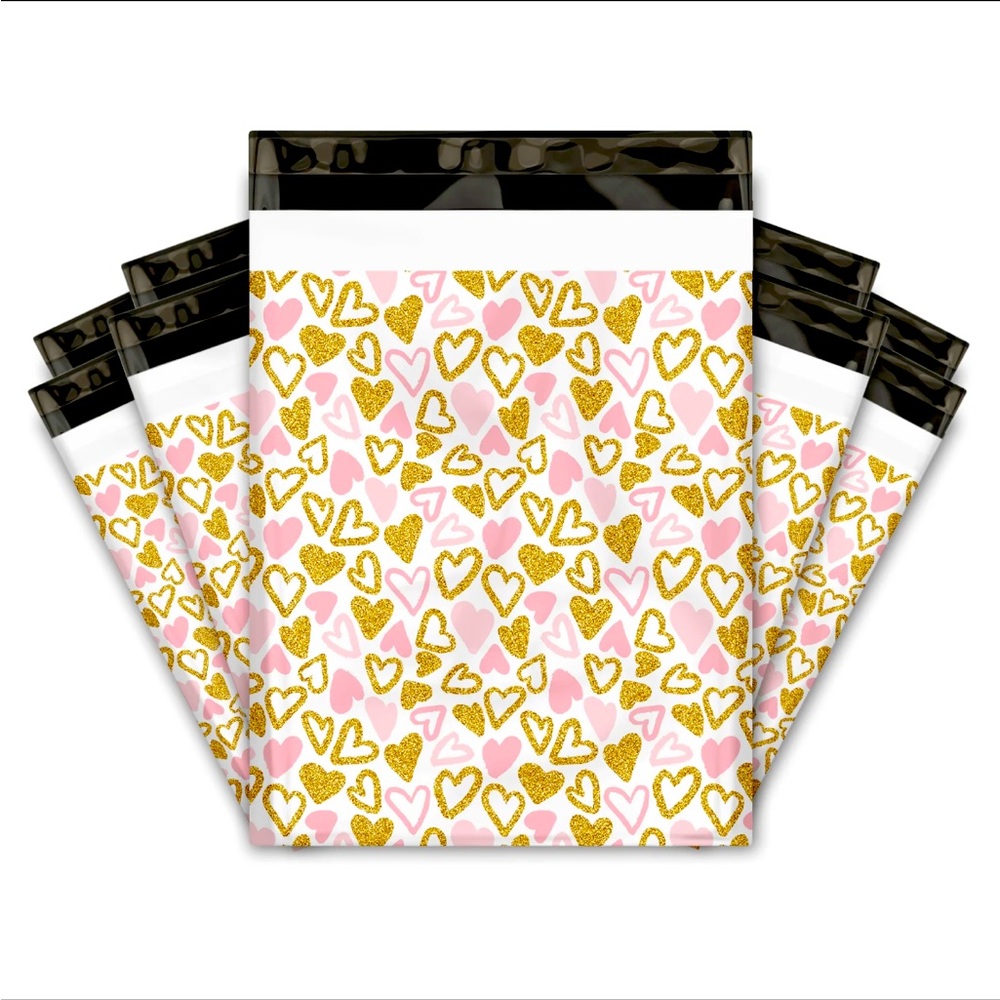 POLYMAILERS (12) 19x24 Pink & Gold Hearts Premium Poly Mailers - Picture 1 of 3